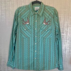 Hand Embroidered Men’s Turquoise Western 100% Cotton Shirt